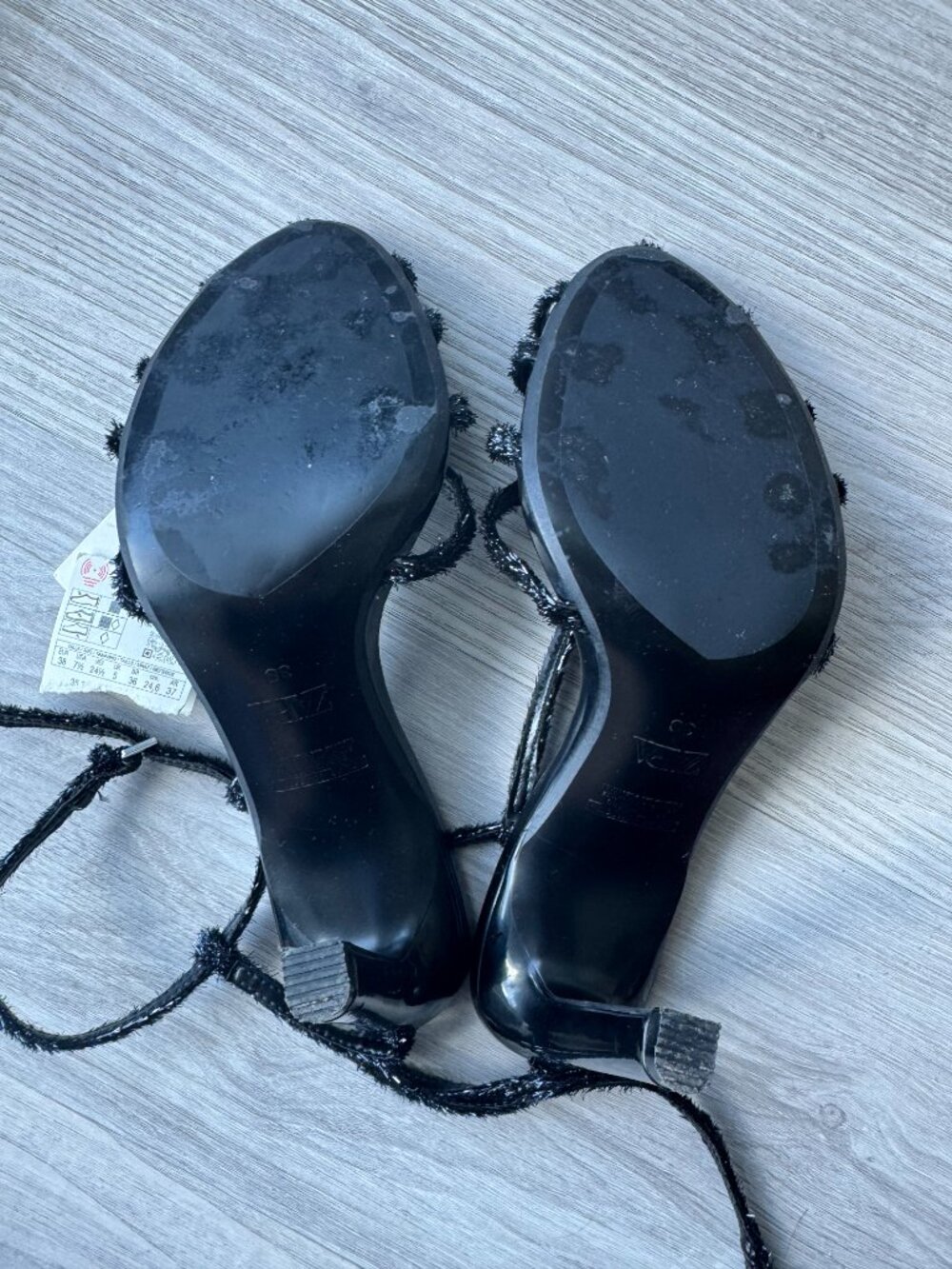 ZARA Textured Fringed Strappy Heeled Sandals - Black / Size 8 (EU 38) NWT - Picture 12 of 13